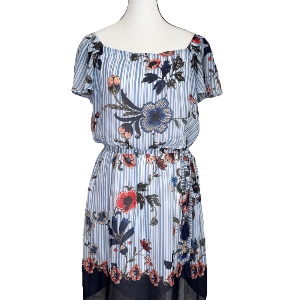 Signature Robbie Bee Fit And Flare Blue White Dress Sz 12 Floral Stripe *flawed